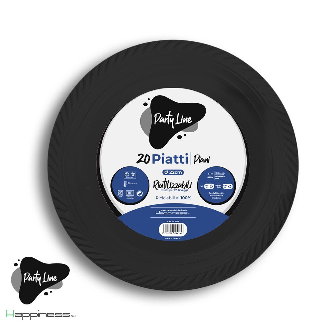 Piatti piani in plastica PRIMO nero, 22 cm, 20 pz