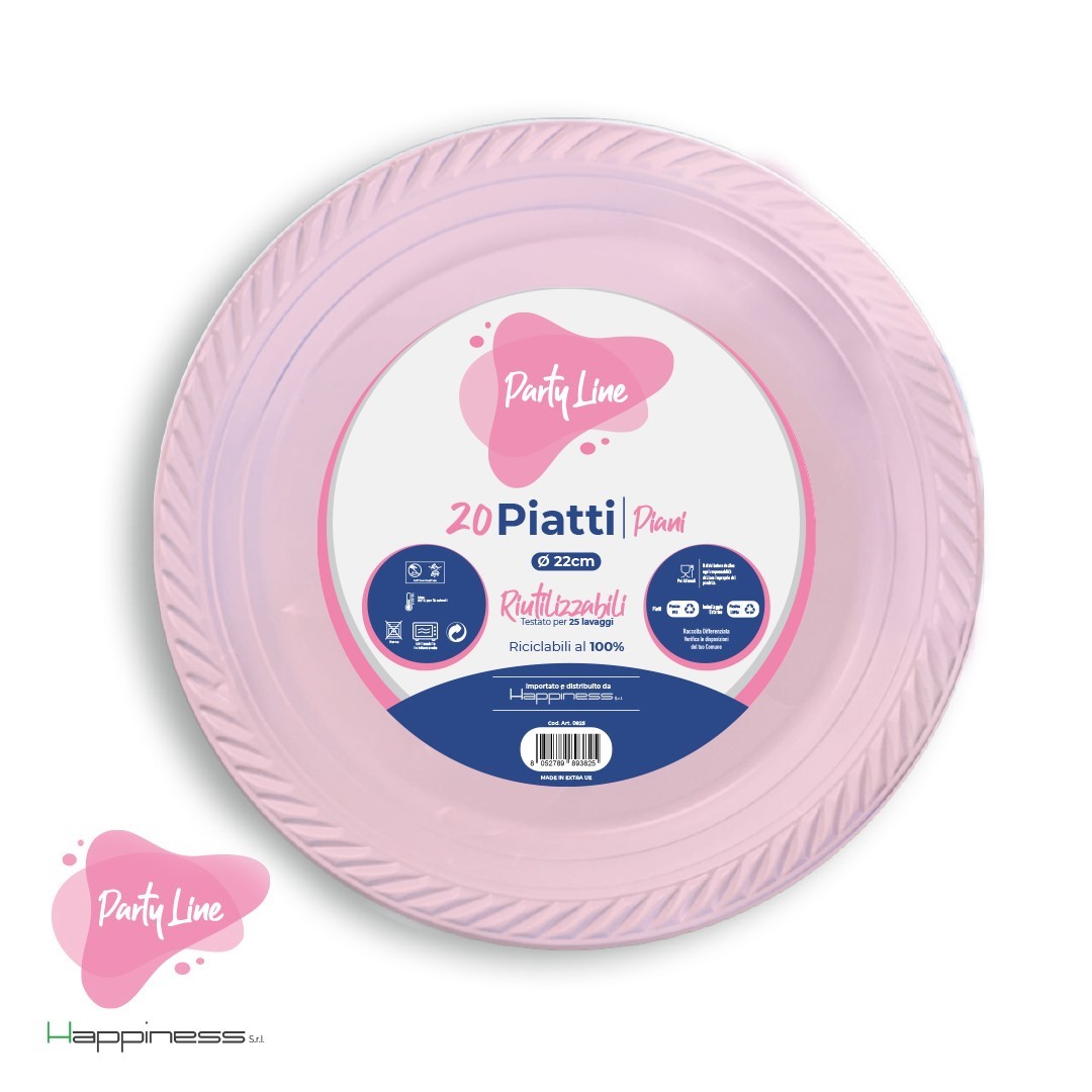 Piatti piani in plastica PRIMO rosa, 22 cm, 20 pz