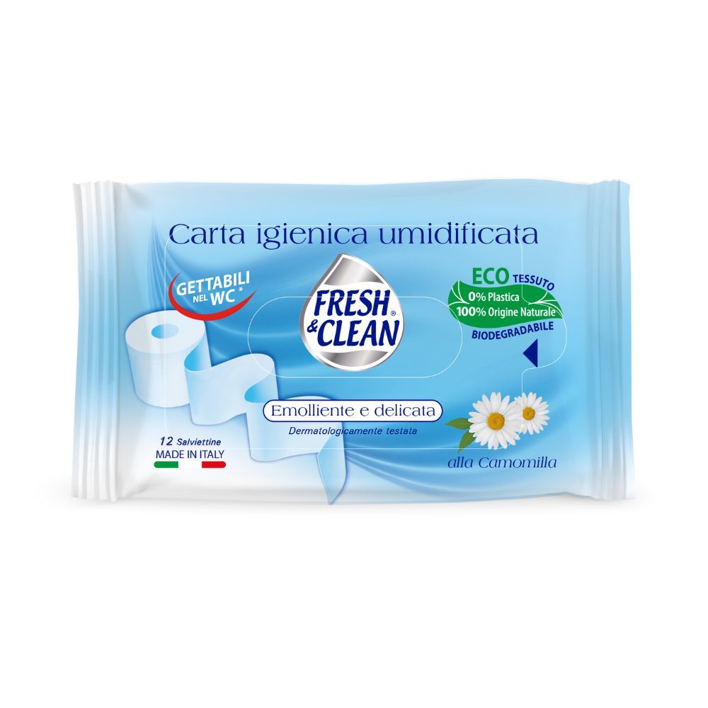 Carta igienica umidificata Fresh & Clean biodegradabile alla camomilla 12 pz