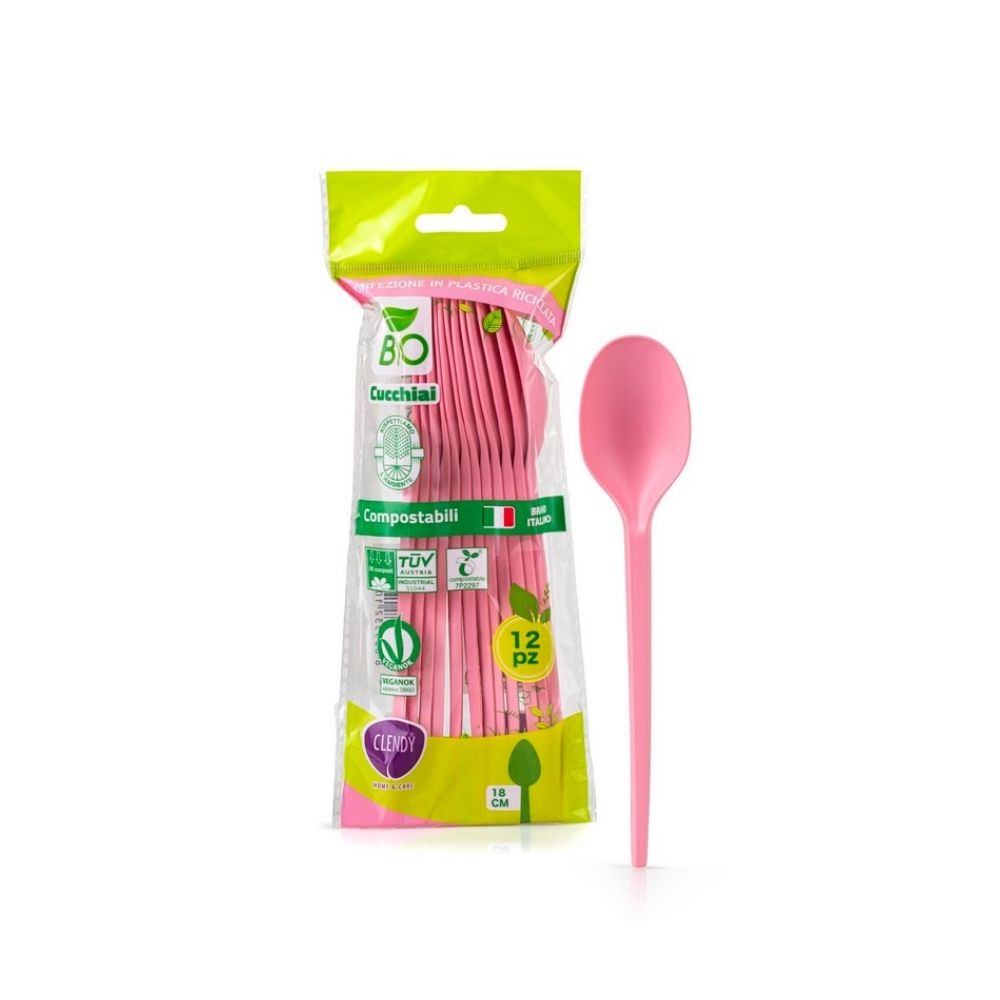 Cucchiai compostabili CLENDY rosa, 12 pz.